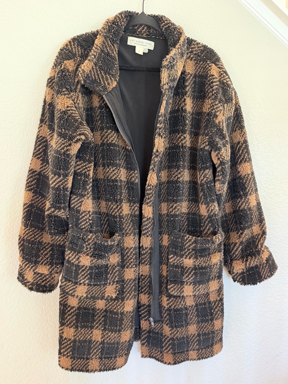 Saltwater Luxe Plaid Faux Fur Teddy Coat Longline Size L